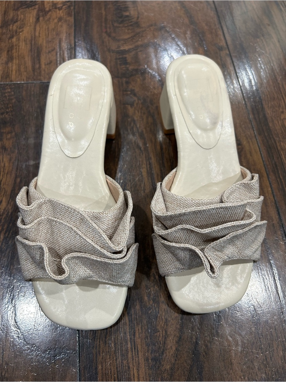 ShuShop Cream Ruffle Slip-On Heeled Mules